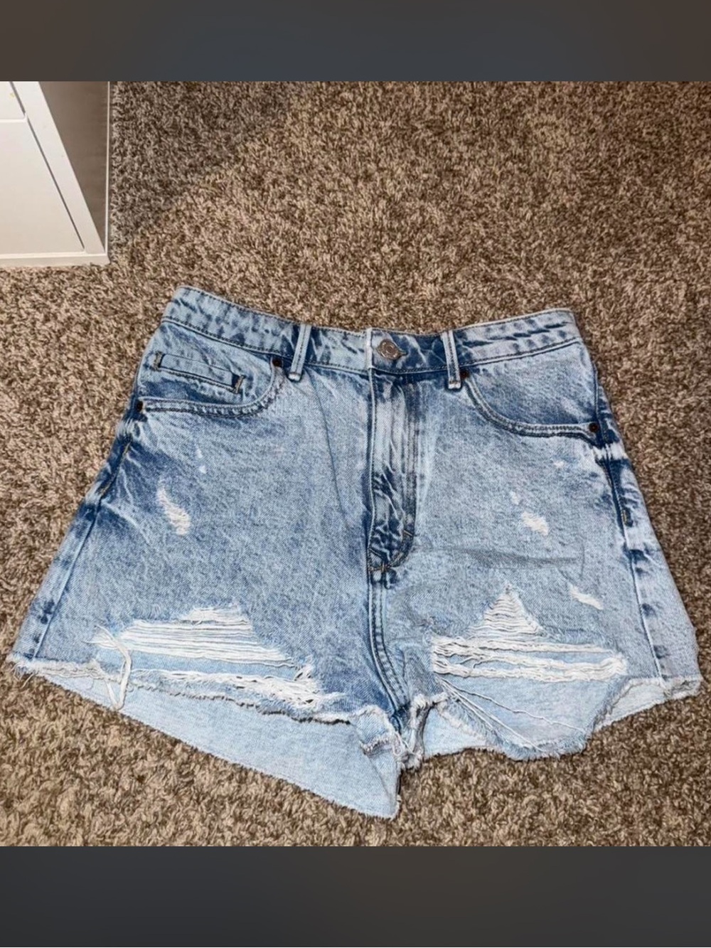 Zara Light Blue High-Waist Distressed Denim Shorts